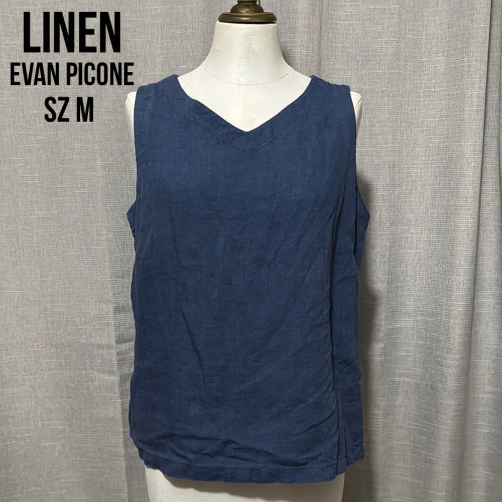 Evan Picone-Linen Shirt-Sz M-Blue-V Neck-Sleeveless Style-EUC